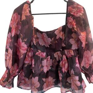 Thirty/Thirty Iridescent Floral Babydoll Puffy Sleeves Ruffle Top Sz Large